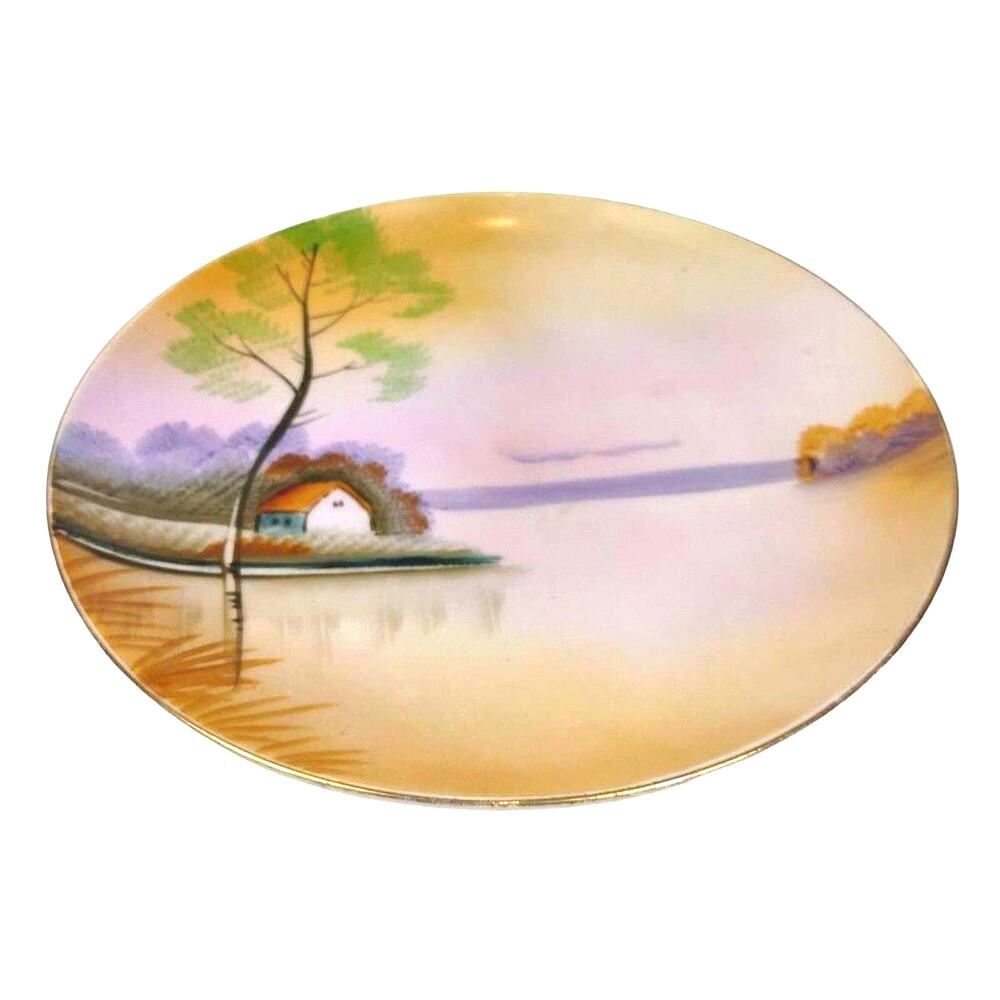 Vintage Meito China Hand Painted Plate Frank J Donahoe Landscape Sunset Hut